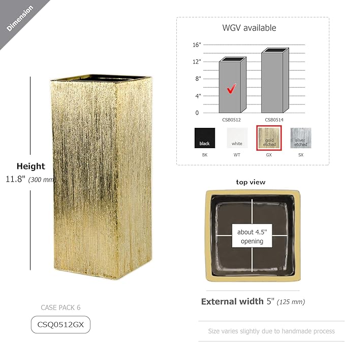 WGV Ceramic Block Vase Bulk, 5" W x 12" H, (Multiple Size/Color Choices) Matte Tall Square Flower Planter Pot, Accents Home Office Tabletop Decor, Ideal Gifts Gold Textured 6 Pieces (CSB0512GX)