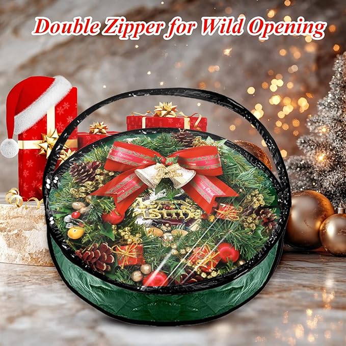 6 Pack Wreath Storage Container, 30 Inch Wreath Storage Bags, Clear Christmas Wreath Storage Container with Sturdy Handles for Holiday Seasonal Decoration, Green