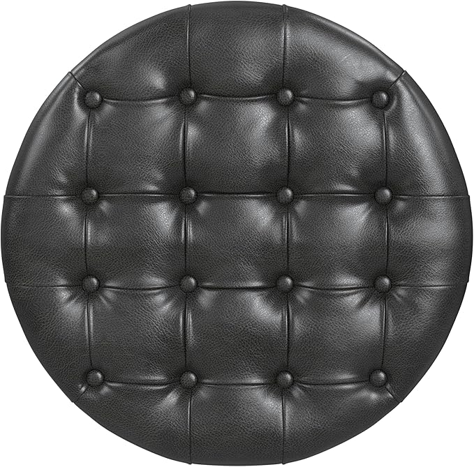 Homepop Home Decor | Button Tufted Faux Leather Round Storage Ottoman | Ottoman with Storage for Living Room & Bedroom (Black Faux Leather)