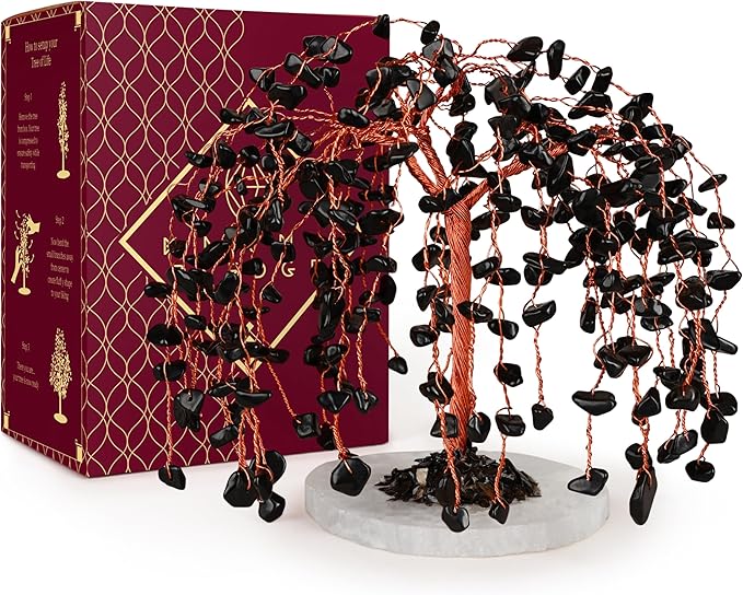 Chakra Tree of Life Birthday Gifts for Women, Home and Office Decor, Handmade Black Obsidian Crystal Tree for Money, Positivity, Reiki Healing, Spiritual Good Luck Gifts for Mom & Dad