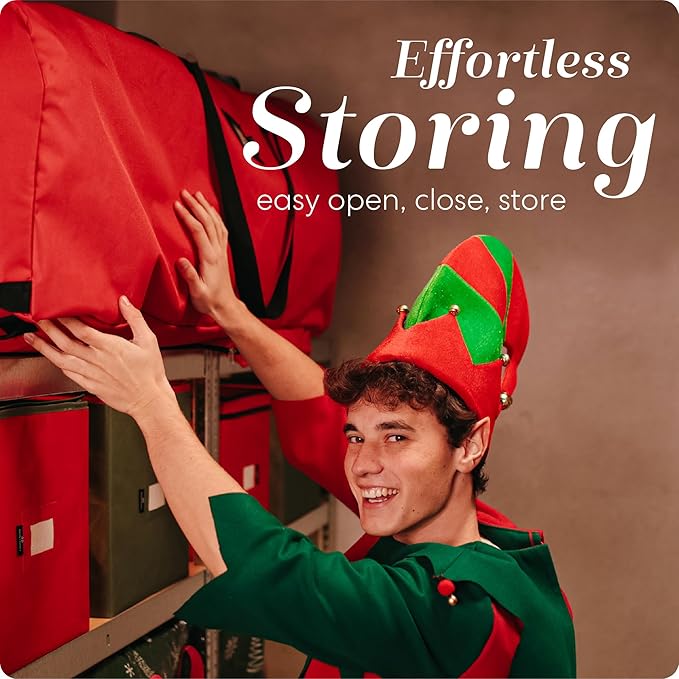 Handy Laundry Christmas Tree Storage Bag with Wheels – Fits 7.5 ft Artificial Tree, Heavy Duty Holiday Storage Container, Zippered, Reinforced Handles, Exterior Pockets, Red
