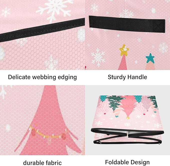 Pink Christmas Tree Ornament Storage Basket Box Winter Snowflake Xmas Holiday Storage Container Cube with Adjustable Dividers for 64 Holiday Ornaments or Decorations Keep Clean and Dry for Next Season