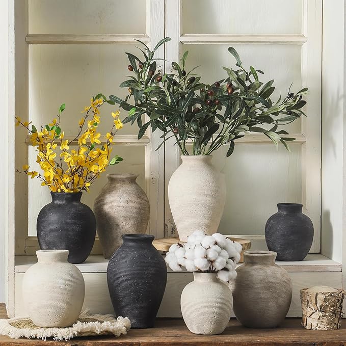 Vanselia Ceramic Flower Vase Home Decor - Farmhouse Table Vases Rustic Vintage Living Room Kitchen Bedroom Decorations for House Book Shelf Office Coffee Desk Dining Fireplace (7.4" Retro)