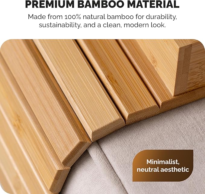 Bamboo Sofa Arm Tray Table with Cup Holder & 2 Cork Coasters, Phone Slot & Charging Cable Holder, Foldable Couch Arm Tray with Non Slip Base, Couch Cup Holder for Drinks, Remote, Snacks