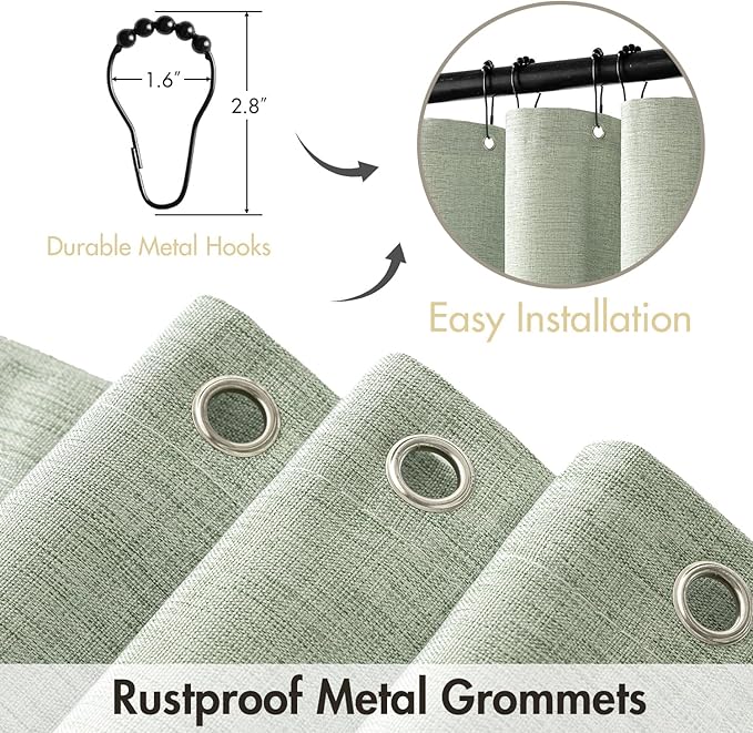 MIULEE Sage Green Scalloped Shower Curtain Linen Textured with 12 Metal Hooks Cute Heavy Duty Washable Waterproof Thick Cloth Spring Curtains with Black Border for Bathroom Hotel Bathtub,W72*L72