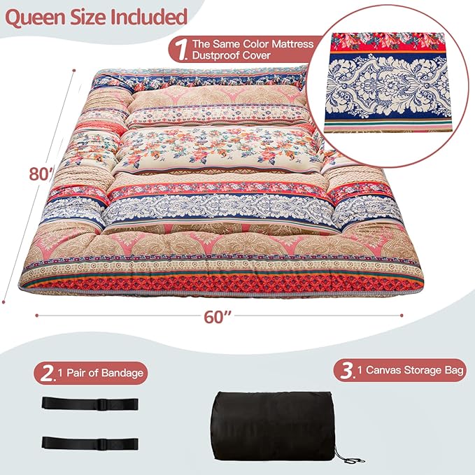 MAXYOYO Bohemian Retro Floor Mattress Vintage Floral Japanese Futon Mattress Roll Up Thicken Sleeping Mat Portable Camping Mattress Floor Lounger Couch Mattress Pad Queen