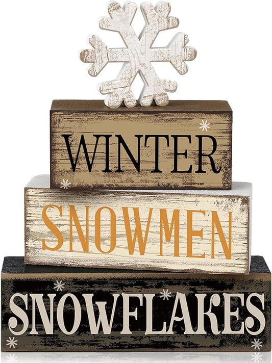Moucuny 4 Pcs Winter Table Decorations Wooden Snowflake Decor Christmas Tiered Tray Decor Rustic Snow Block Signs Gift Farmhouse Christmas Centerpiece for Winter Wonderland Party Kitchen Shelf Home