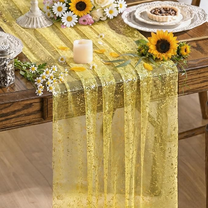 Artoid Mode Light Yellow Gold Gauze Table Runner 120 Inch 10FT, Glitter Metallic Foil Sheer Dining Wedding Anniversary Holiday Birthday Table Decor for Home Party