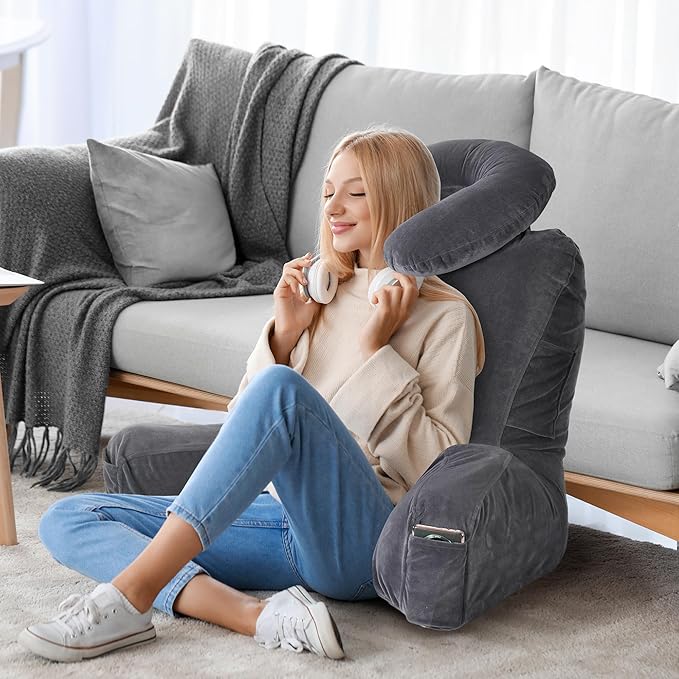 Rengue 31" Ergonomic Bed Rest Pillow, Grey Large Reading Pillow with Detachable Neck Roll Soft PP Cotton Backrest with Arms Pockets for Bed Couch Reading Watching TV