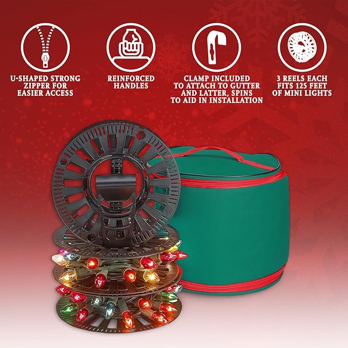 Premium Christmas Light Storage Bag – Heavy-Duty 600D Tear-Proof Material with Reinforced Handles – Includes 3 Reels, Stores up to 375 Ft of Mini Lights & Extension Cords – Green with PVC Lining