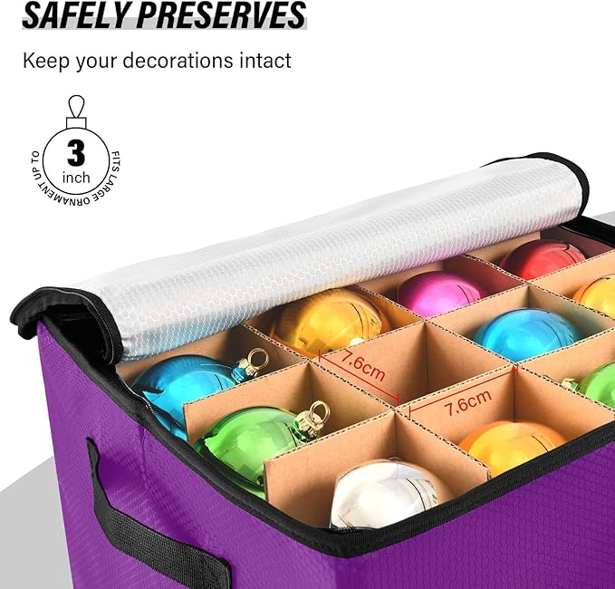 Purple Christmas Ornament Storage Basket Box Holiday Storage Container Cube with Adjustable Dividers for 64 Holiday Ornaments or Decorations Keeps Clean and Dry for Next Season