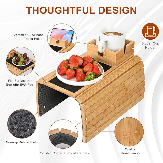 Joy&Grace Sofa Armrest Tray with Large Mug Holder, Bamboo Couch Arm Tray, Anti-Slip Couch Cup Holder Foldable Sofa Arm Table for Eating Drinks Cellphone (Color Natural)