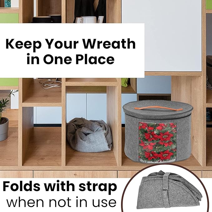 Christmas Wreath Storage Bag,Collapsible Felt Holiday Garland Container with Zipper & Handle, Durable Wreath Organizer Bin for Seasonal Decor Storage 20 x 12 (GREY)