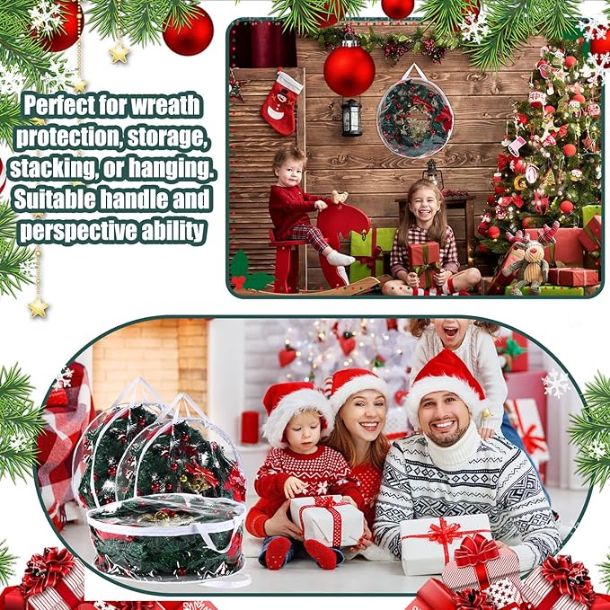 Zhengmy 20 Pcs 30 Inch Christmas Wreath Storage Bags Transparent Wreath Storage Container Bulk Wreaths Box with Dual Zippers and Handles for Xmas Holiday Wreaths Garland