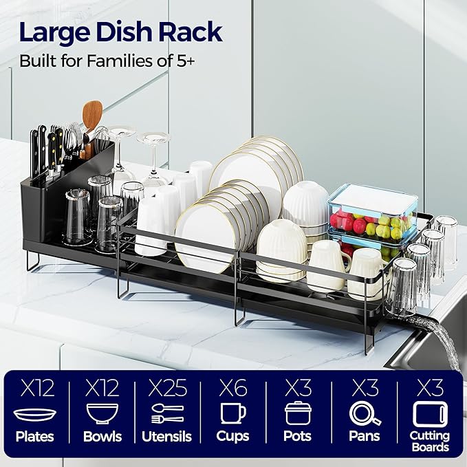 Large Dish Drying Rack, Expandable Dish Rack for Kitchen Counter, Dish Drainer with Drainboard Set, Multifunctional Dishrack with Utensil & Cup Holder, 13.4"-28.7" L x 11.8" W x 7.4" H, Black