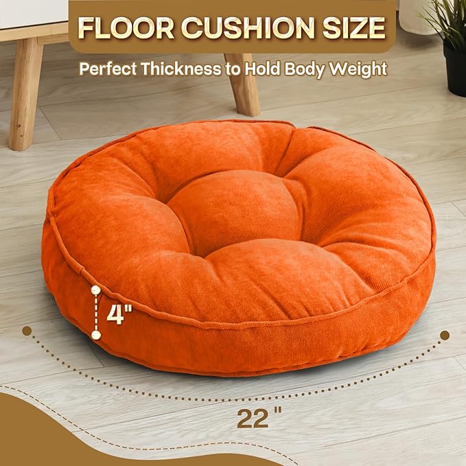 1 MIDDLE ONE Floor Pillow Set of 2, Memory Foam Floor Cushions for Adults, Large Meditation Pillow for Sitting, 22 x 22 Inches (Round | Orange)