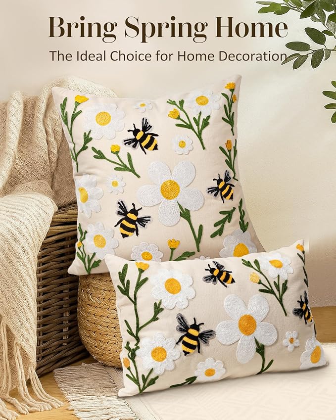 Embroidered Throw Pillow Cover 20x20 Inch - Spring Summer Boho Decorative Pillow Cover with Zipper for Living Room Couch Sofa Bed Aesthetic Design Flower Bee Cushion Pillowcase