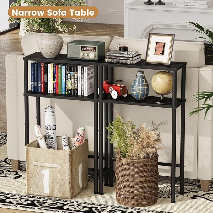 Asgolion Narrow Console Table, 15.7" Small Entryway Table, 2-Tier Sofa Table with Storage, Skinny Console Tables for Entryway, Hallway, Bedroom, Living Room, Foyer, Black