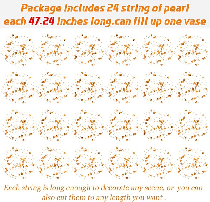 Tondiamo 24 Pcs Artificial Pearl String for Floating Candle Faux Pearls Beads String Garland Centerpiece Decoration for Vases Filler Wedding Spring Holiday Party Decor(Orange)