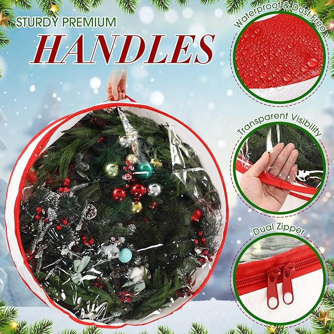 4 Pcs 36 Inch Christmas Wreath Storage Bag Candy Cane Wreath Storage Container Clear Window Dual Zipper Handle Red White Peppermint Garland Organizer for Holiday Decoration, Classic Lollipop