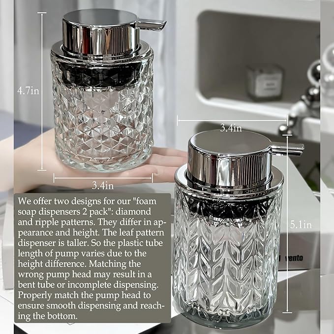 CICUFY Foaming Soap Dispenser 2 Pack, Foam Hand Soap Dispenser for Bathroom Kitchen Liquid Refillable Clear Glass Bottles with Silver Pump(Diamond Pattern-Clear)