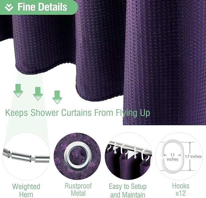 Dynamene Long Fabric Shower Curtain - 78 inch Long Waffle Weave Heavy Duty Cloth Shower Curtains for Bathroom, Neutral Weighted Hotel Spa Luxury Bath Curtain Set with 12 Plastic Hooks,72x78, Purple