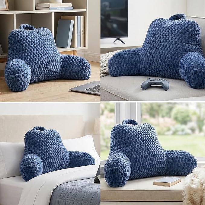 Faux Fur Reading Pillow for Bed Adults, Ultra Soft Plush Floor Backrest Pillow with Side Pockets for Bed & Couch, Perfect for Reading, Watching TV, Gaming, Relaxing, Blue