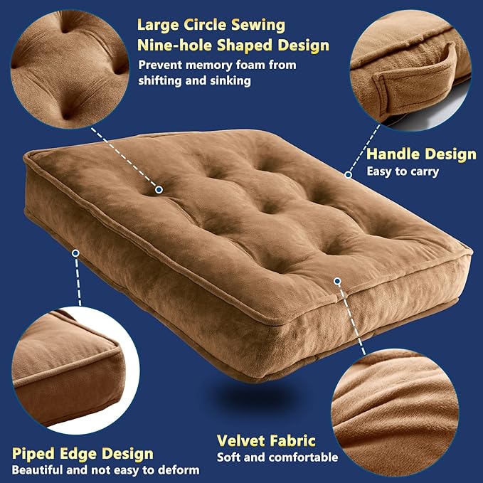 1 MIDDLE ONE Floor Pillow Set of 2, Memory Foam Meditation Cushion, Floor Cushions for Adults Sitting, Large Square Seat Cushions for Yoga, Couch, Sofa, Kids, Living Room, 20x20 Inch (Brown)