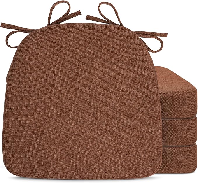 Sunsleek Chair Cushions for Dining Chairs, D-Shaped Seat Cushions with Removable Washable Cover and Ties, Chair Pads for Kitchen, Indoor Dining Room, Patio Chairs, 17'' x 16'', Set of 4, Brown