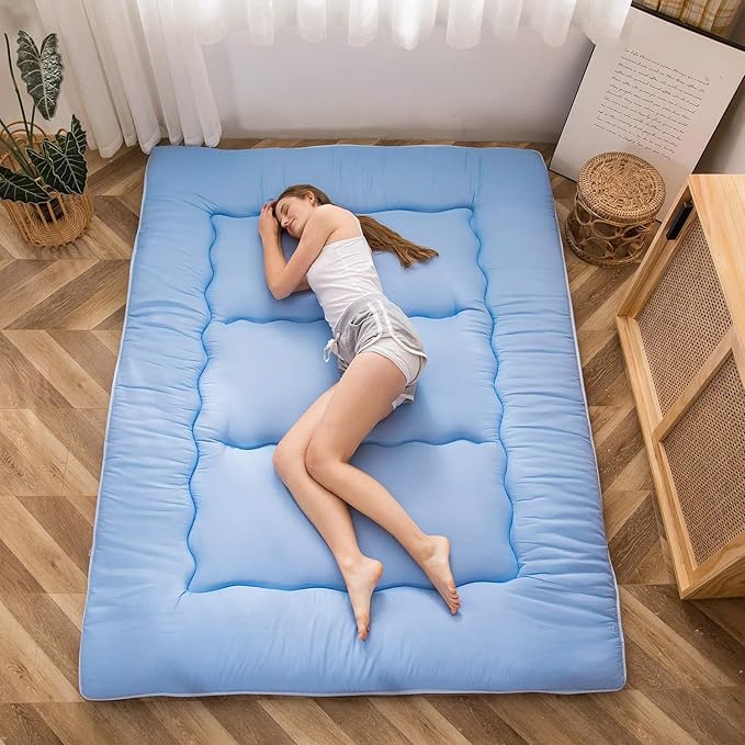 MAXYOYO Japanese Floor Mattress Futon Mattress, Thicken Sleeping Pad Foldable Roll Up Floor Futon for Adults Tatami Mat Dormitory Lounger, Dusty Blue, Full Size