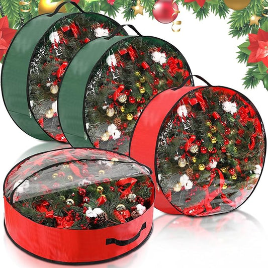 Aliceset 4 Pack Wreath Storage Containers, Ornament Garland Wreath Storage Bags with Handle Zipper Decorative Storages Box for Winter Valentine Wreaths(24 x 24 x 7.8 Inch,Red, Green)