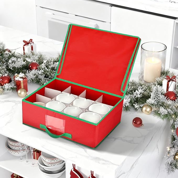 Chunful 2 Pcs Mug Storage Box with Adjustable Divider Christmas Holiday China Storage Organizer Holder for Coffee Mug Cup Christmas Container with Lid Handle Label Window for Moving Supplies, Hold 24