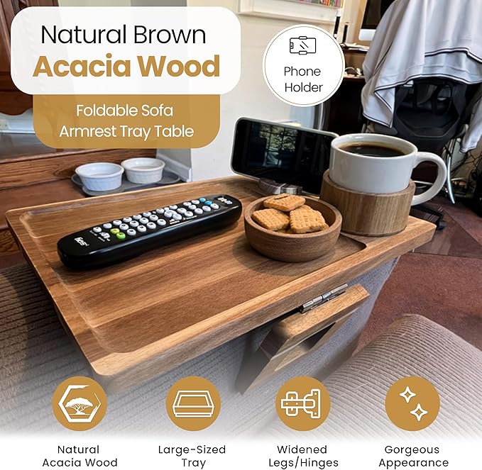 Acacia Wood Sofa Armrest Tray Table with Cup Holder & Phone Stand – 3-in-1 Clip-On Couch Arm Tray Table, Rotating Drink & Phone Holder for Couch, Sofa & Living Room