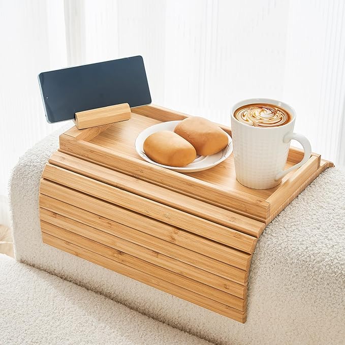 LOVYANXUE Bamboo Sofa Arm Tray, Anti Falling Couch Arm Tray Armrest Table with 360° Rotating Phone Holder, Foldable and Portable Sofa Armrest Trays Cup Holder for Drink,Cups, Phone, Snacks, Remote