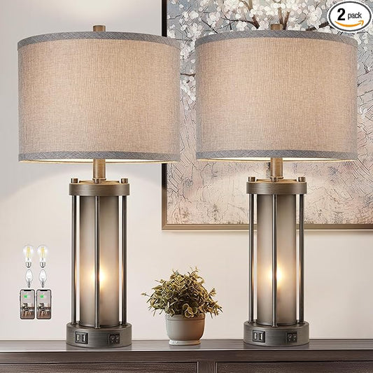RORIA Set of 2 Rustic Table Lamps for Living Room with 2 USB Ports, Vintage Bedside Lamps with Gray Frosted Glass Night Light for Bedroom Desk Lamps for Entryway, 4 Bulbs Included