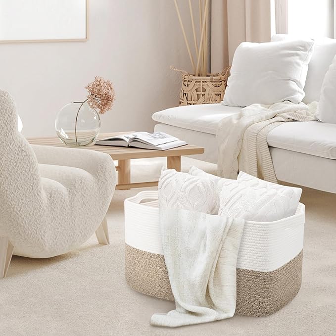 MEGASKET Extra Large Blanket Basket, 22" x 17" x 12" Rectangle Blanket Storage for Living Room, Soft Kids Dog Toy Basket Bin, Cotton Rope Baskets for Storage, Woven Throw Pillow Organizer Holder