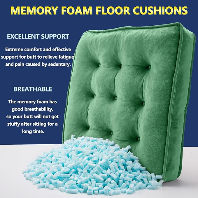 1 MIDDLE ONE Floor Pillow Set of 4, Memory Foam Meditation Cushion, Floor Cushions for Adults Sitting, Large Square Seat Cushions for Yoga, Living Room, 20x20 Inch (Green)