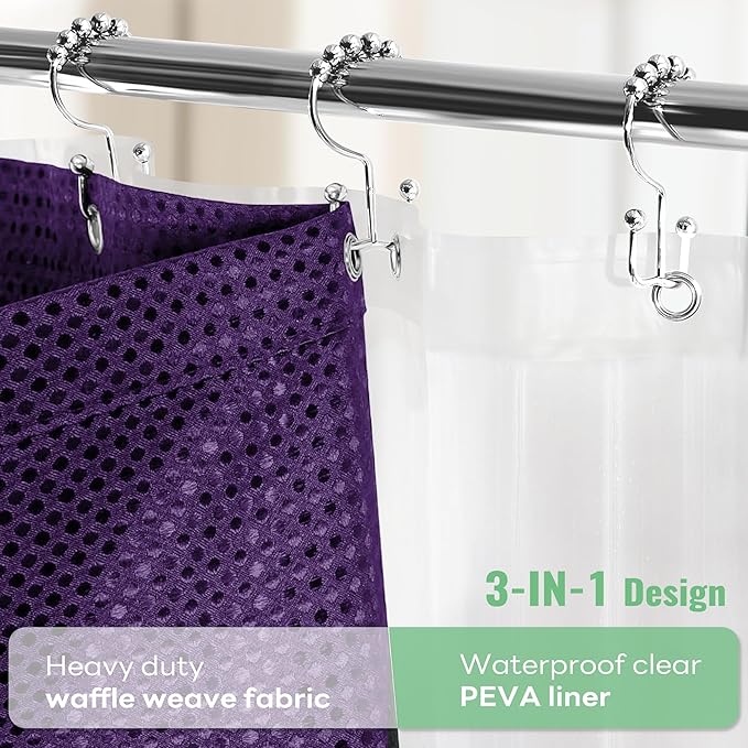 Dynamene Extra Long Shower Curtain and Liner Set - 96 inch Tall Waffle Fabric, Waterproof Clear Liner, Heavy Duty Weighted Hotel Luxury Cloth Shower Curtains for Bathroom with 12 Hooks, 72x96, Purple