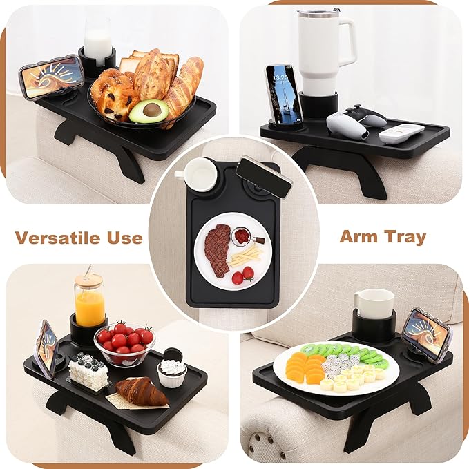 Black Couch Arm Table, Solid Bamboo Sofa Armrest Tray with 360 Rotating Cup Holder & Phone Stand, Large Clip-on Side Table for Drinks & Remote, Fits Round & Square Arms, 15.36x9.85