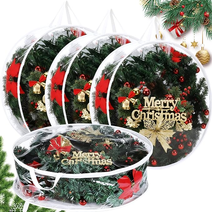 Shappy 4 Pcs 36 Inch Back to School Wreath Storage Container Clear Wreath Storage Bags PVC Waterproof Garland Bags with Clear Window Dual Zippers and Handles for Holiday Artificial Garland (White)