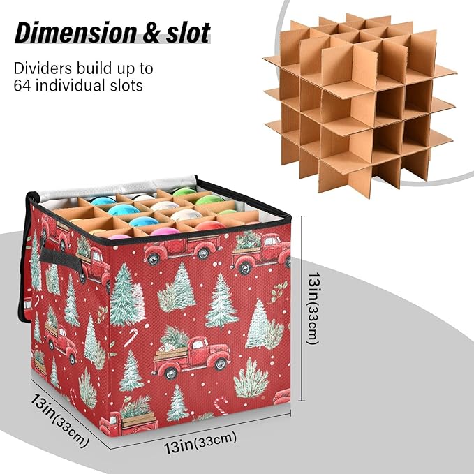 Red Snowman Christmas Ornament Storage Basket Box Xmas Tree Winter Holiday Storage Container Cube with Adjustable Dividers for 64 Holiday Ornaments or Decorations Keeps Clean and Dry for Next Season