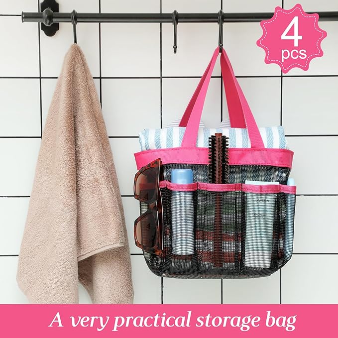 Hillban 4 Pcs Mesh Shower Caddy Portable Shower Caddy for Dorm Beach Mesh Bags with Deeper 8 Pockets and Handles Showers Caddies Basket for Women College Room Vacation(Rose Red)