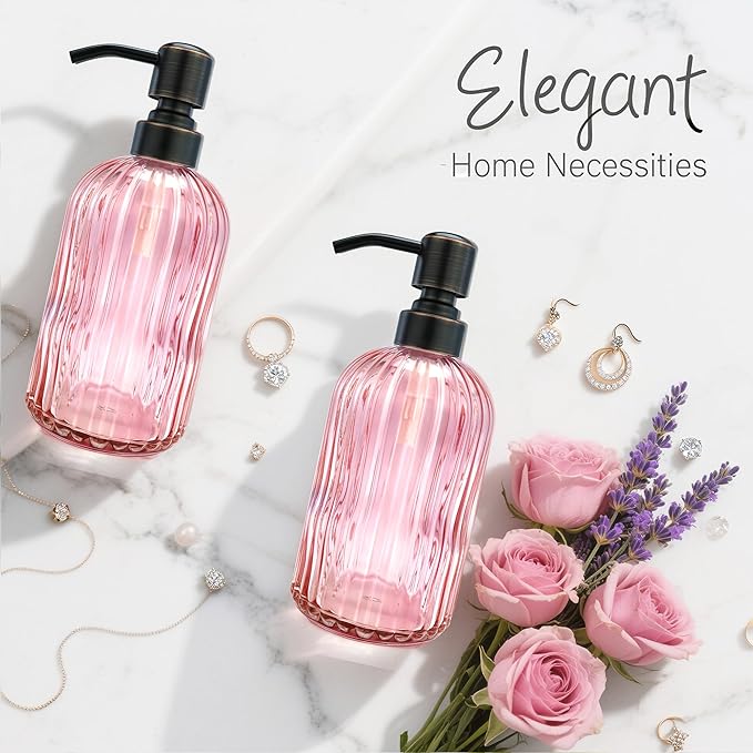 16 OZ Pink Glass Soap Dispenser,Clear Pink Stripe Bathroom Hand Soap Dispensers with Stainless Steel Bronze Pump,Brown Pink Kitchen Hand Soap Dispenser with Oil Rubbed Bronze Pump