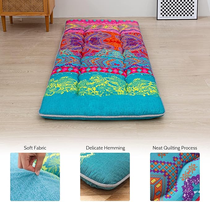 MAXYOYO Bohemian Floor Bed, Japanese Futon Mattress, Narrow Twin Single Bed, Foldable Roll Up Camping Cot for Adults