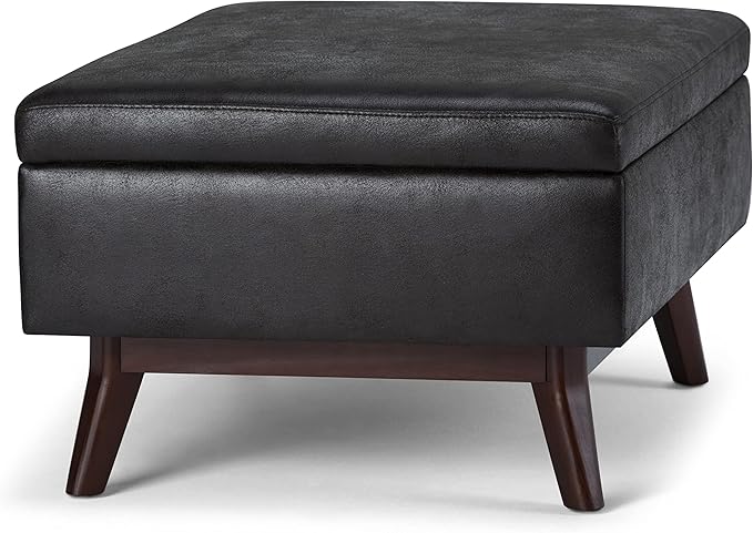 SIMPLIHOME Owen Coffee Table Storage Ottoman - 34" Wide x 19" High Upholstered Vegan Leather Rectangular Lift-Top Ottoman in Distressed Black, Mid-Century Bench for Living Room with Tapered Legs
