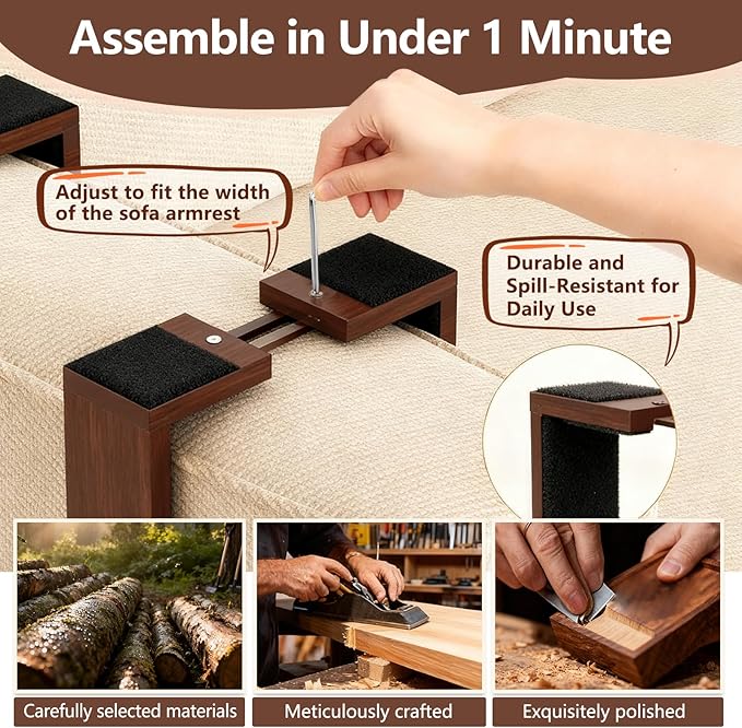 Sofa Armrest Tray with Bamboo - 5.5" - 9.8" Adjustable Couch Arm Table with 360° Rotating Phone Holder and Hidden Storage Compartment for Snacks, Drinks, Remote (Dark Brown)