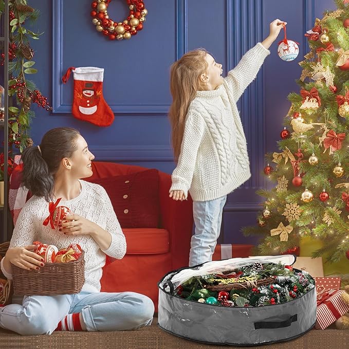 Aliceset 4 Pack Wreath Storage Containers, Ornament Garland Wreath Storage Bags with Handle Zipper Decorative Storages Box for Winter Valentine Wreaths(36 x 36 x 7.8 Inch,Gray)