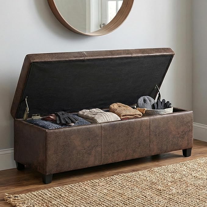 SIMPLIHOME Avalon Storage Ottoman Bench - 48" Wide x 16" High Upholstered Vegan Leather Rectangular Lift-Top Ottoman in Distressed Brown, Contemporary Bench for Living Room with High-Density Foam
