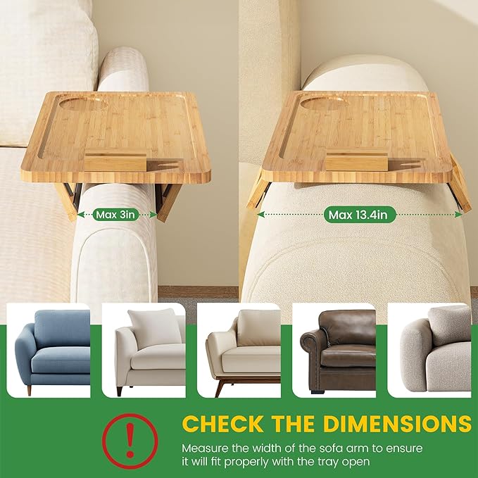 Youpehom Bamboo Sofa Tray,Couch Arm Table, Clip-On Armrest Tray Table for Wide Couch Foldable Tray with 360° Phone Holder Couch Arm Tray for Eating/Drinks/Snacks/Remote