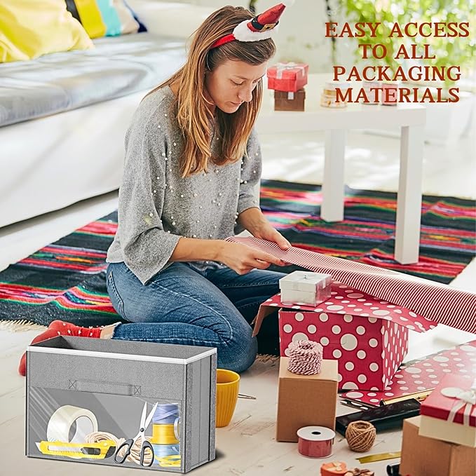 Light Grey Over Door Wrapping Paper Organizer Storage with 3 Removable Drawers & Side Pockets –Dual Use Design with Elastic Straps Wrap Storage for Ribbons,Bows,Ornament and Other Tools